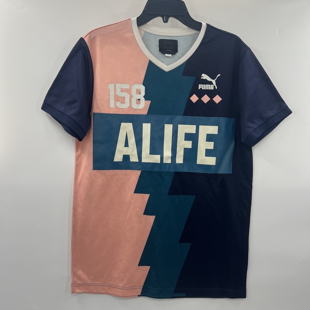 Puma x Alife Soccer Jersey Mens M Pink Teal Blue Color Blocking V Neck SS EUC